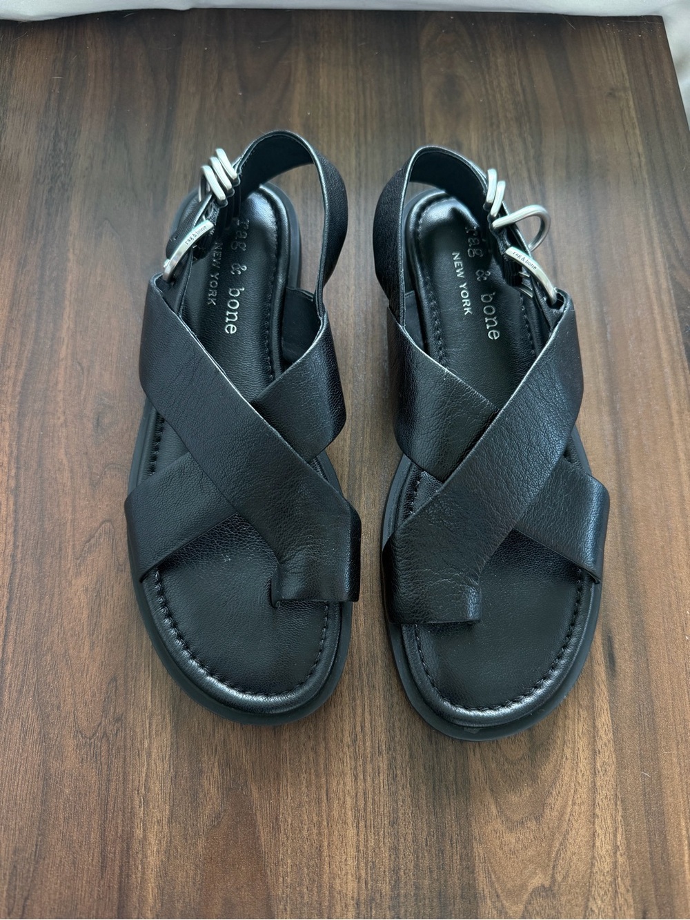 rag & bone Black Leather Gia Toe Loop Sandals